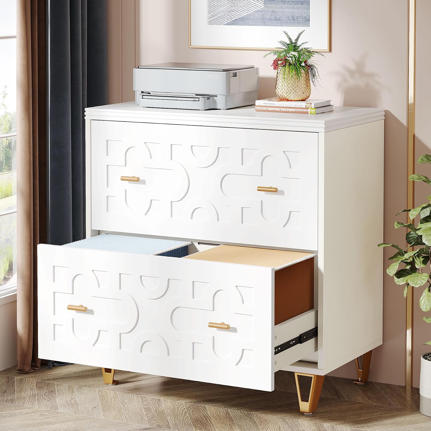 2단 서랍형 파일 캐비닛, 웜 화이트 및 골드 |    - Printer Stand 리뷰 및 가격